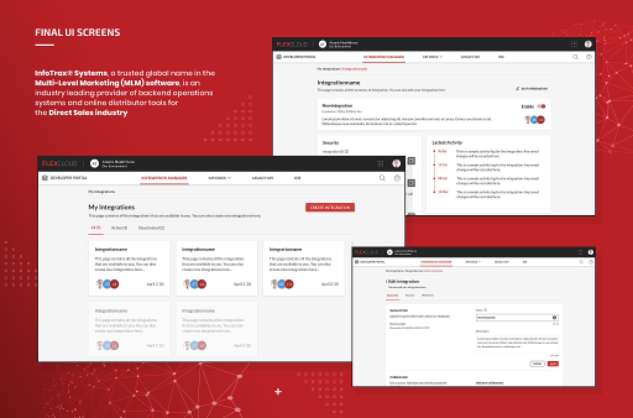 Presentation board of FlexCloud's final UI screens, including My Integrations and environment views.