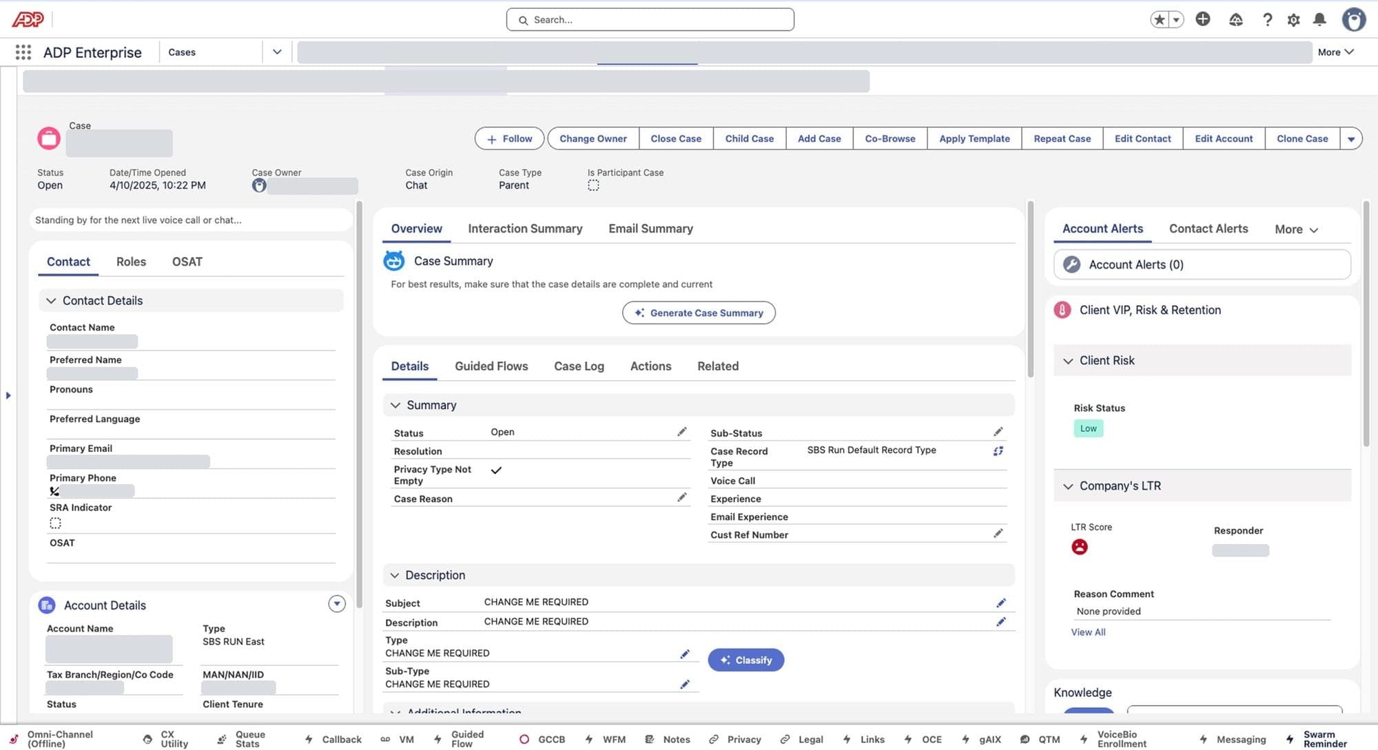 The Salesforce service console an associate works in during a call, with the Guided Flows tab among many other tabs and panels. Client details are redacted.