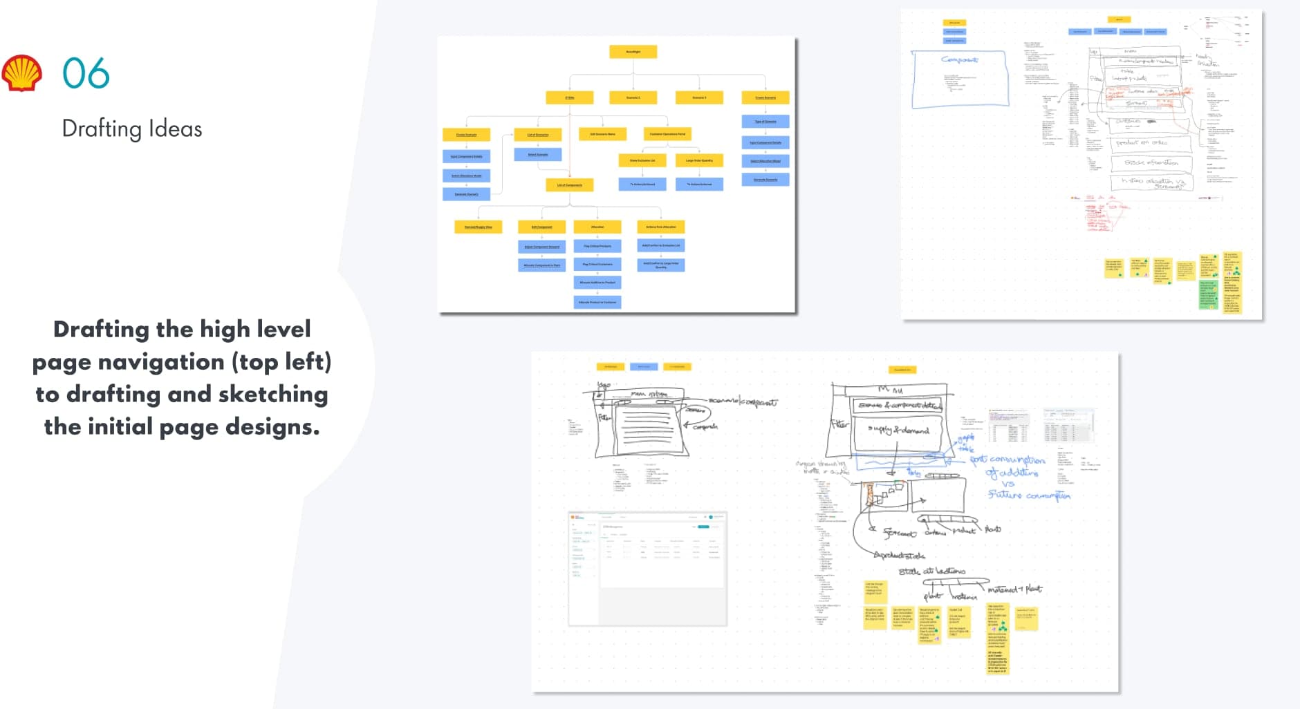 Slide showing high-level page navigation drafts and sketches of initial page designs.